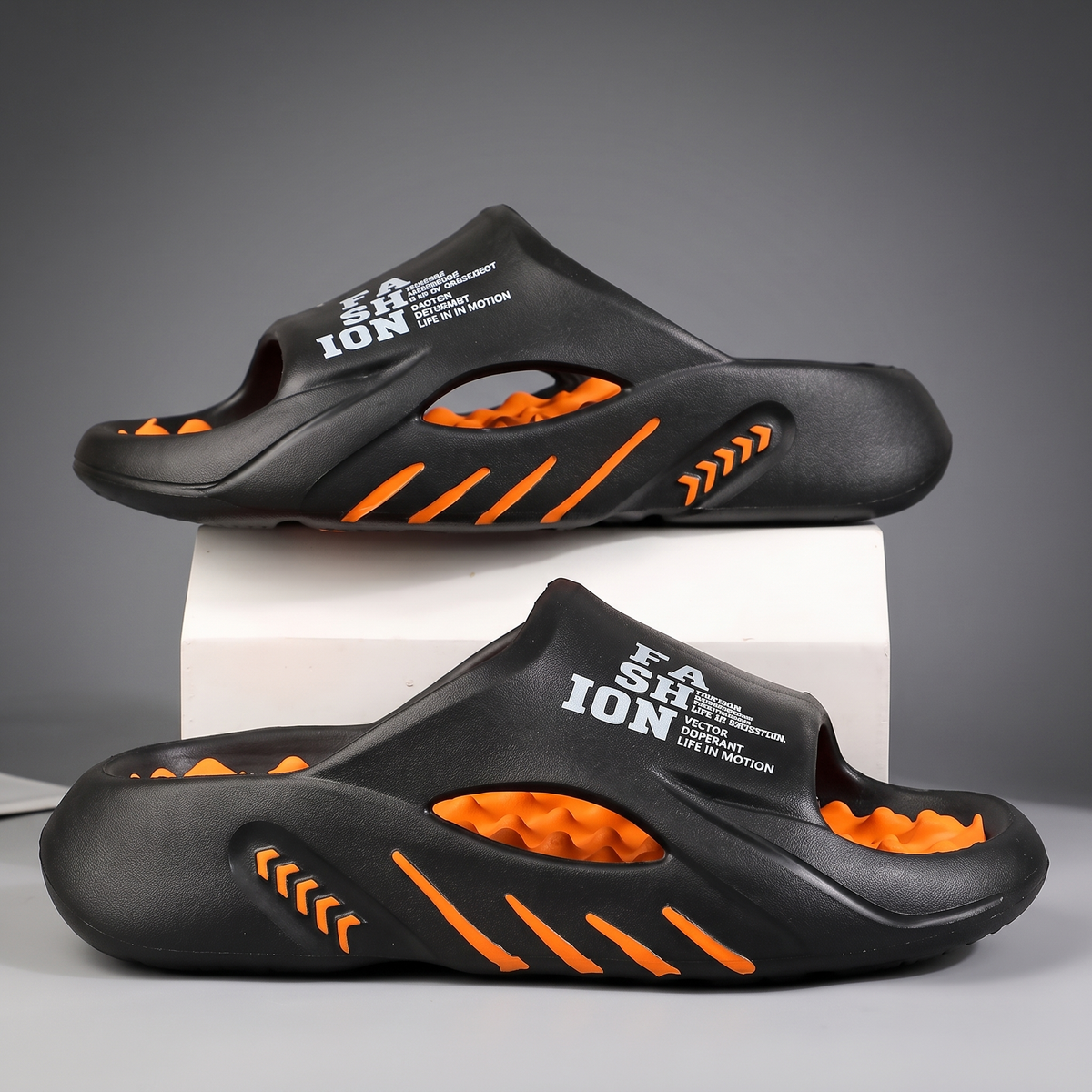 Sandford Massaging Footbed Slides - Black Orange