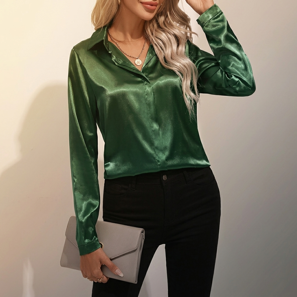 Selworth Satin V-Neck Blouse - Green