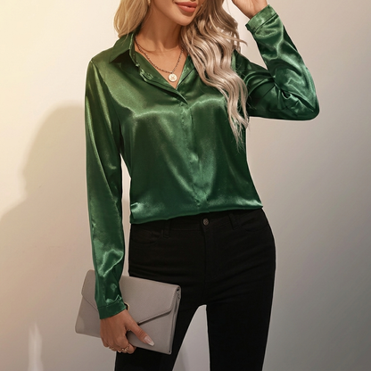 Selworth Satin V-Neck Blouse - Green