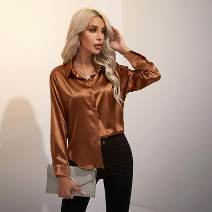 Selworth Satin V-Neck Blouse - Mocha