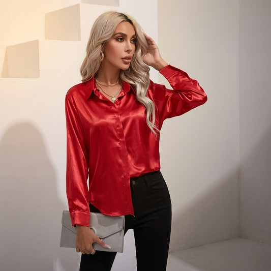 Selworth Satin V-Neck Blouse - Red