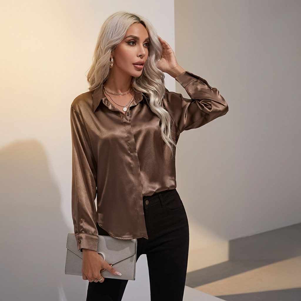 Selworth Satin V-Neck Blouse - Taupe