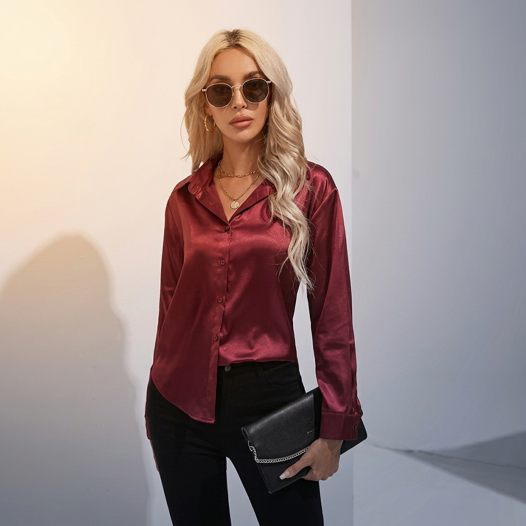 Selworth Satin V-Neck Blouse - Wine Red