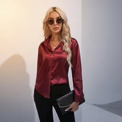 Selworth Satin V-Neck Blouse - Wine Red