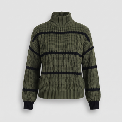 Serelle Stand Collar Striped Sweater - Green