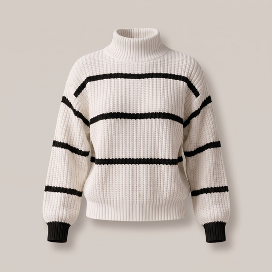 Serelle Stand Collar Striped Sweater - White
