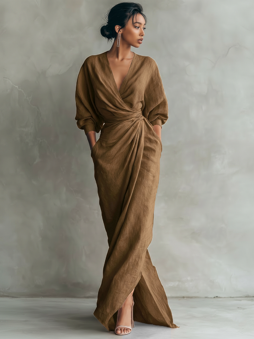 Sofi Pure Elegance V-Neck Dress - Brown