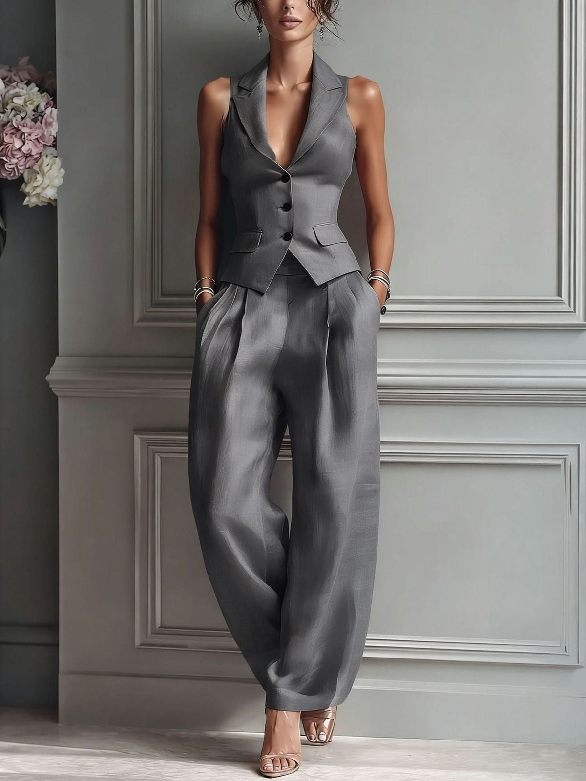 Solara Button Co-Ord Set - Grey