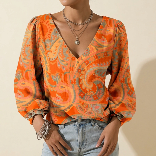 Solara Paisley V-Neck Blouse - Orange