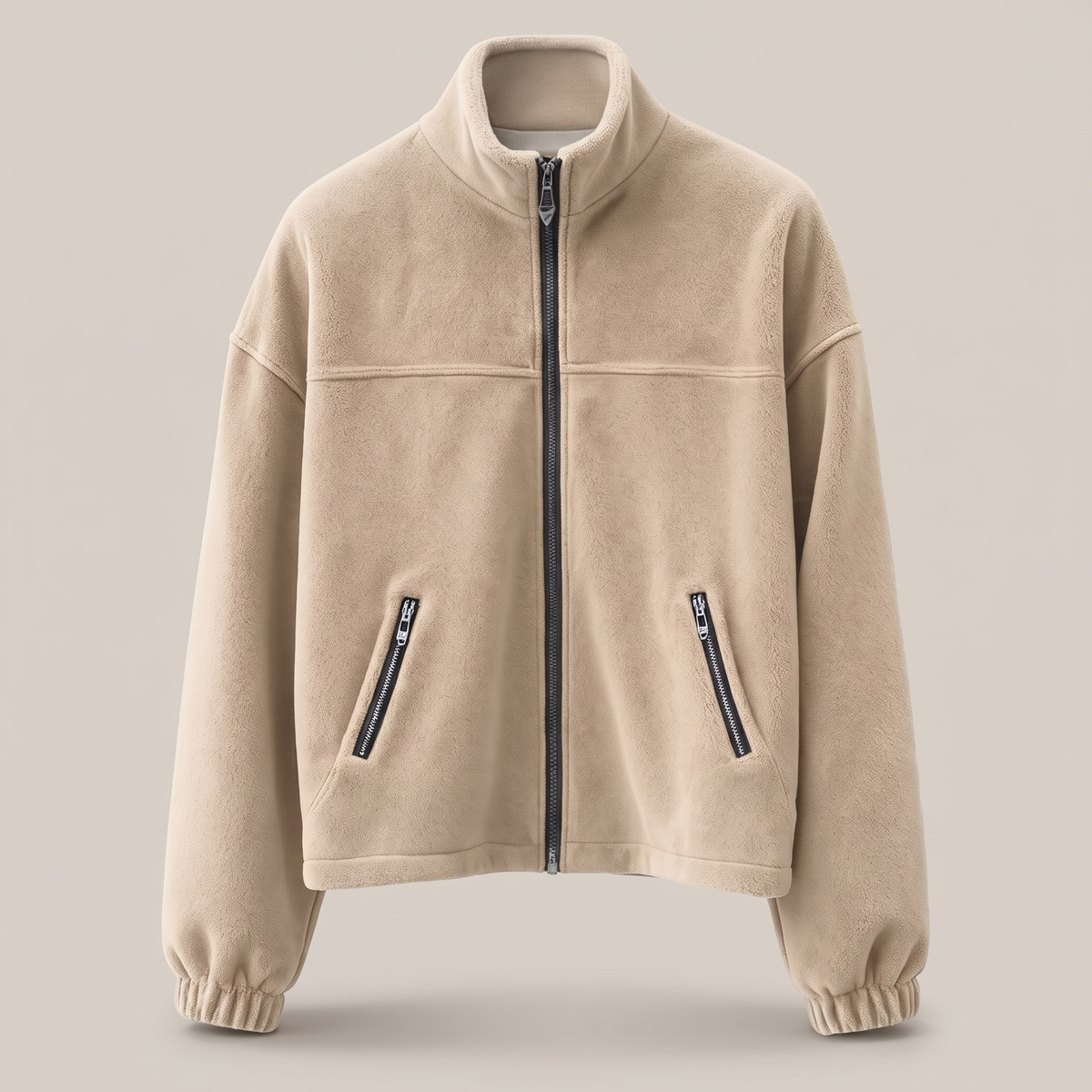 Stand Collar Fleece Zip Jacket - Beige