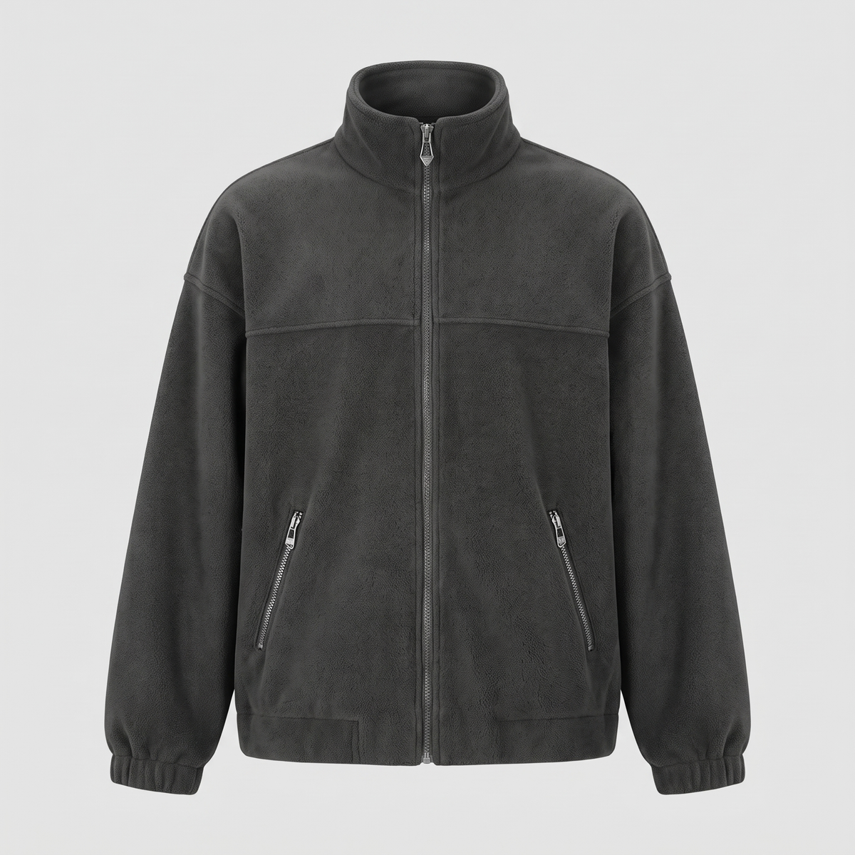 Stand Collar Fleece Zip Jacket - Black