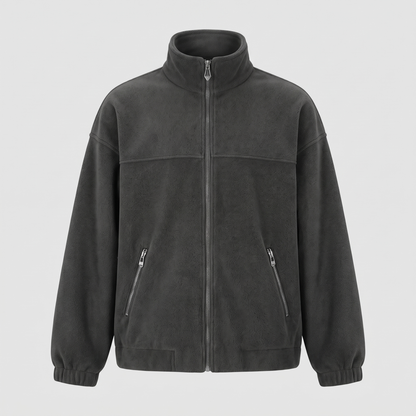 Stand Collar Fleece Zip Jacket - Black