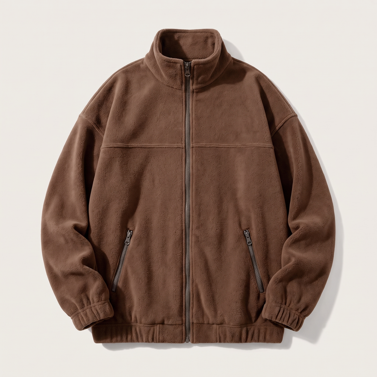 Stand Collar Fleece Zip Jacket - Coffee
