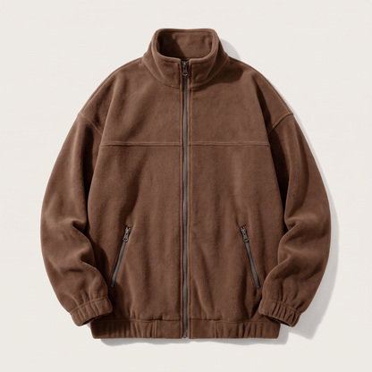 Stand Collar Fleece Zip Jacket - Coffee