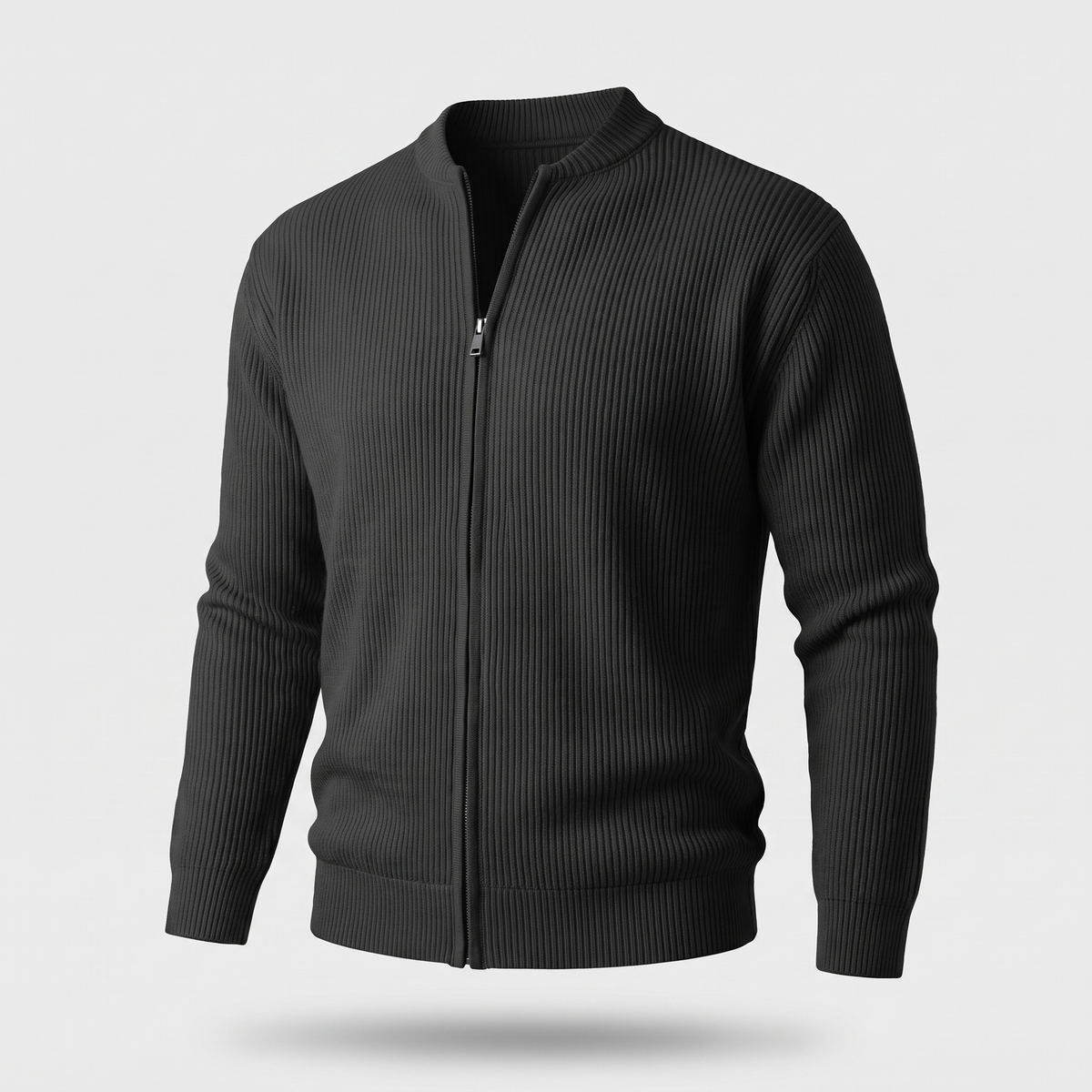 Stand Collar Rib Knit Jacket - Black