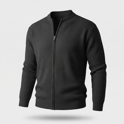 Stand Collar Rib Knit Jacket - Black