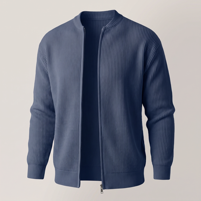 Stand Collar Rib Knit Jacket - Dark Blue