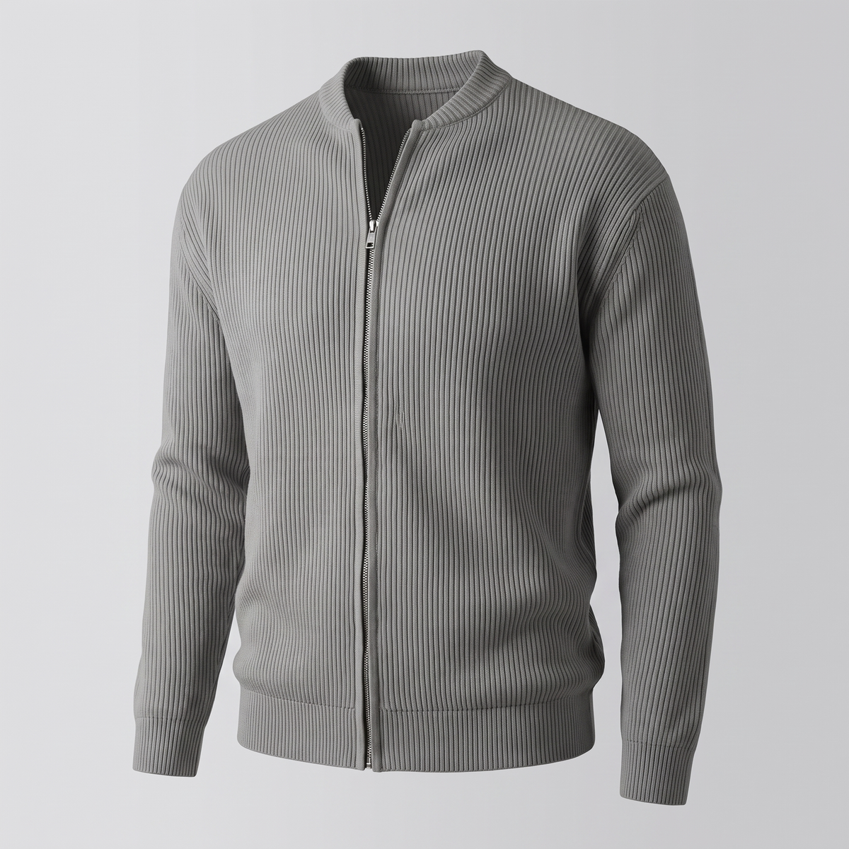 Stand Collar Rib Knit Jacket - Grey