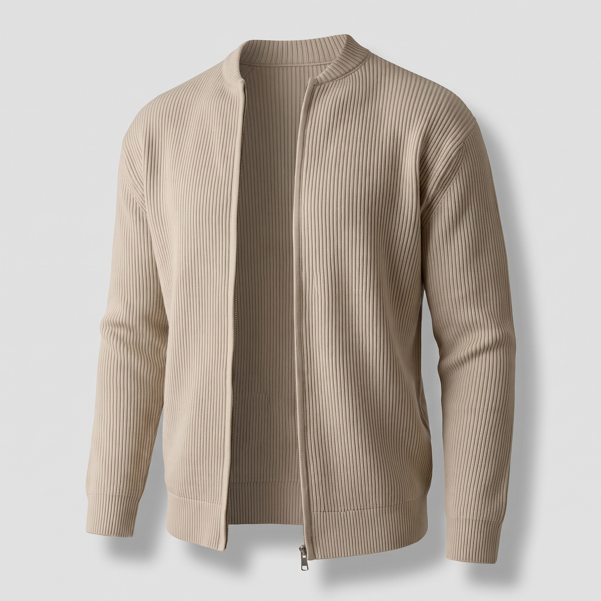 Stand Collar Rib Knit Jacket - Khaki