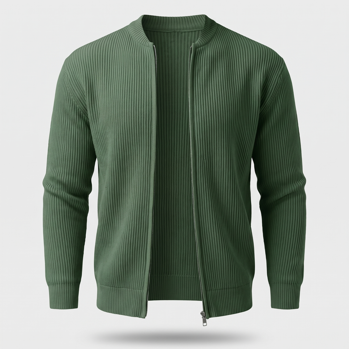 Stand Collar Rib Knit Jacket - Olive Green