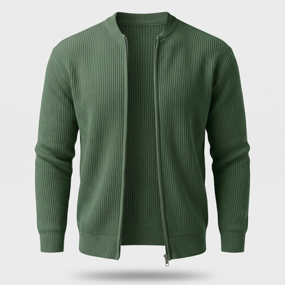 Stand Collar Rib Knit Jacket - Olive Green