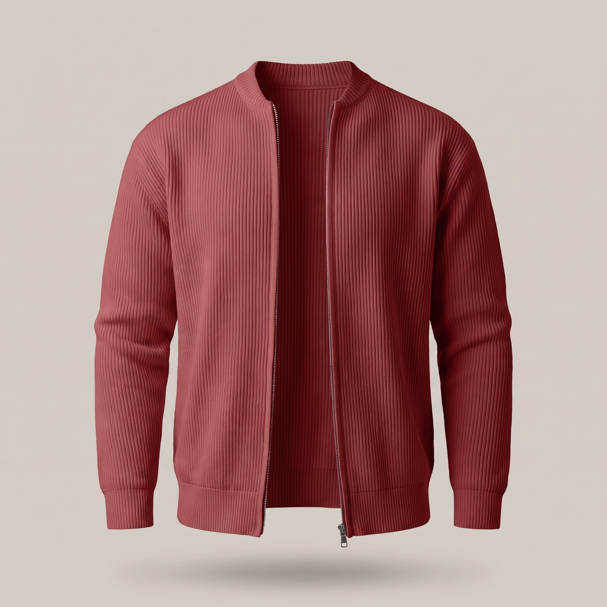 Stand Collar Rib Knit Jacket - Red