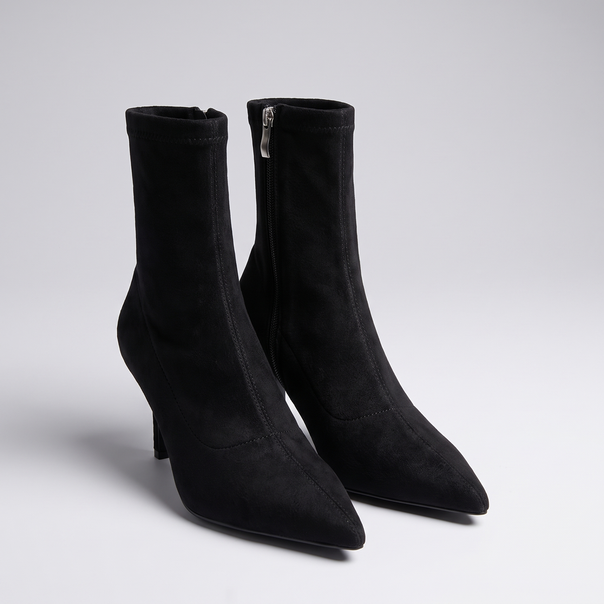 Suede-Look Pointed Ankle Boots - Black