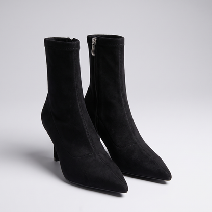 Suede-Look Pointed Ankle Boots - Black