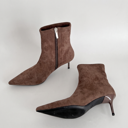 Suede-Look Pointed Ankle Boots - Brown