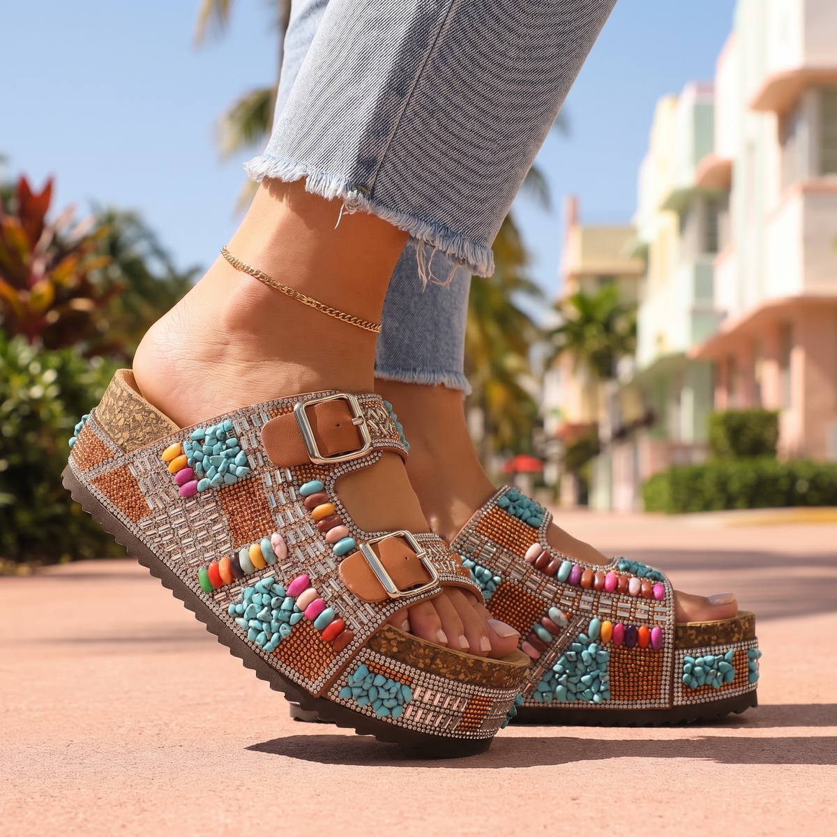 Tavella Jewelled Summer Sandals - Brown