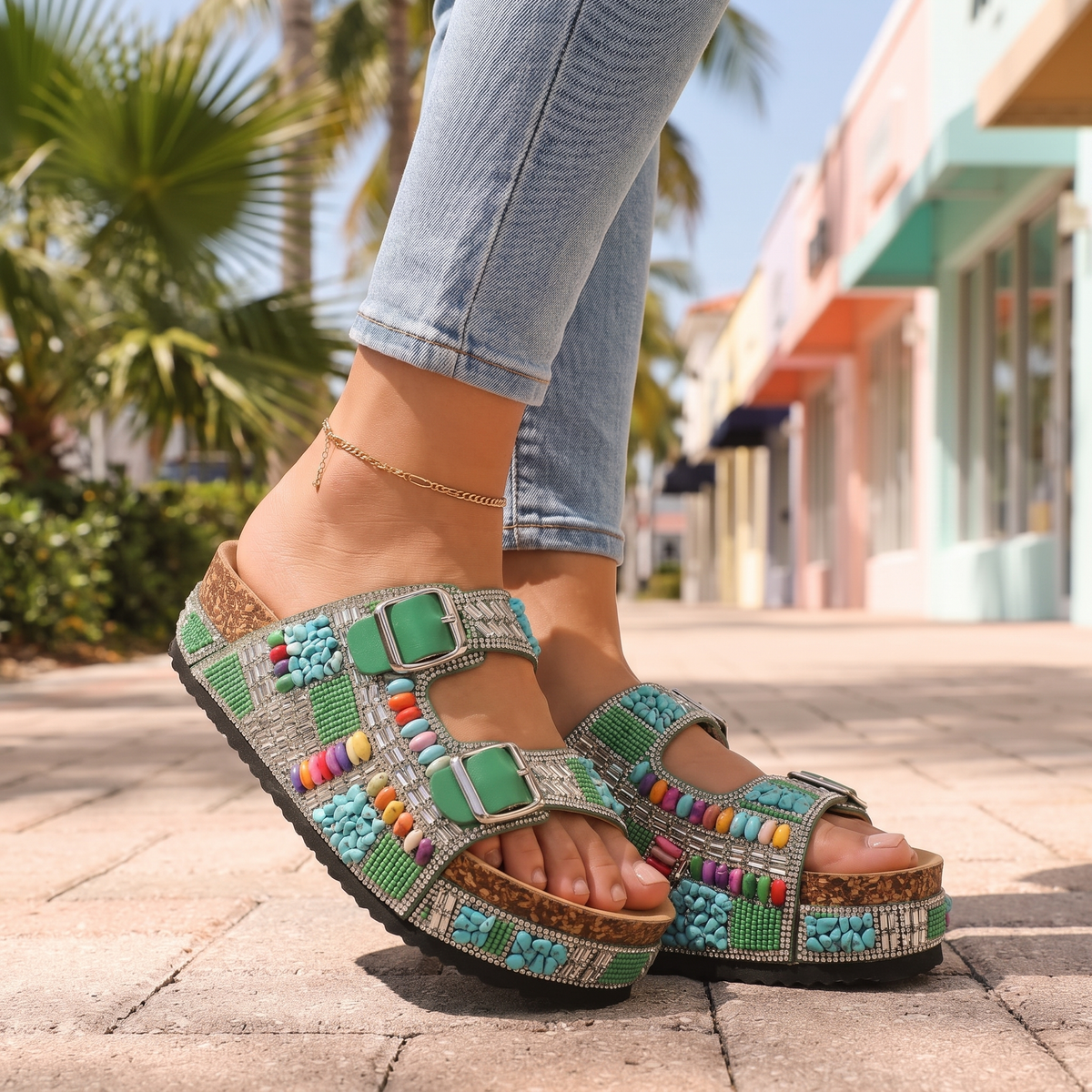 Tavella Jewelled Summer Sandals - Green