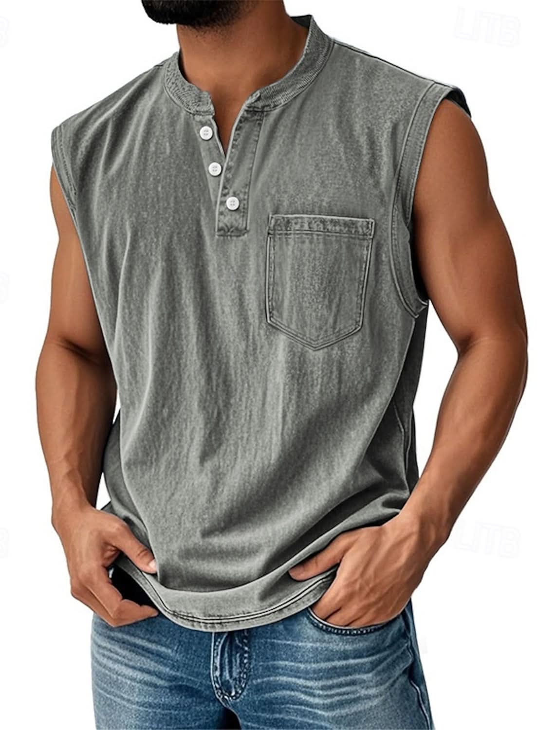 Telford Acid Wash Henley - Grey