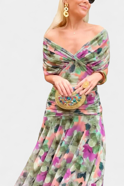 Valentina Wildflower V-Dress - Green and Purple