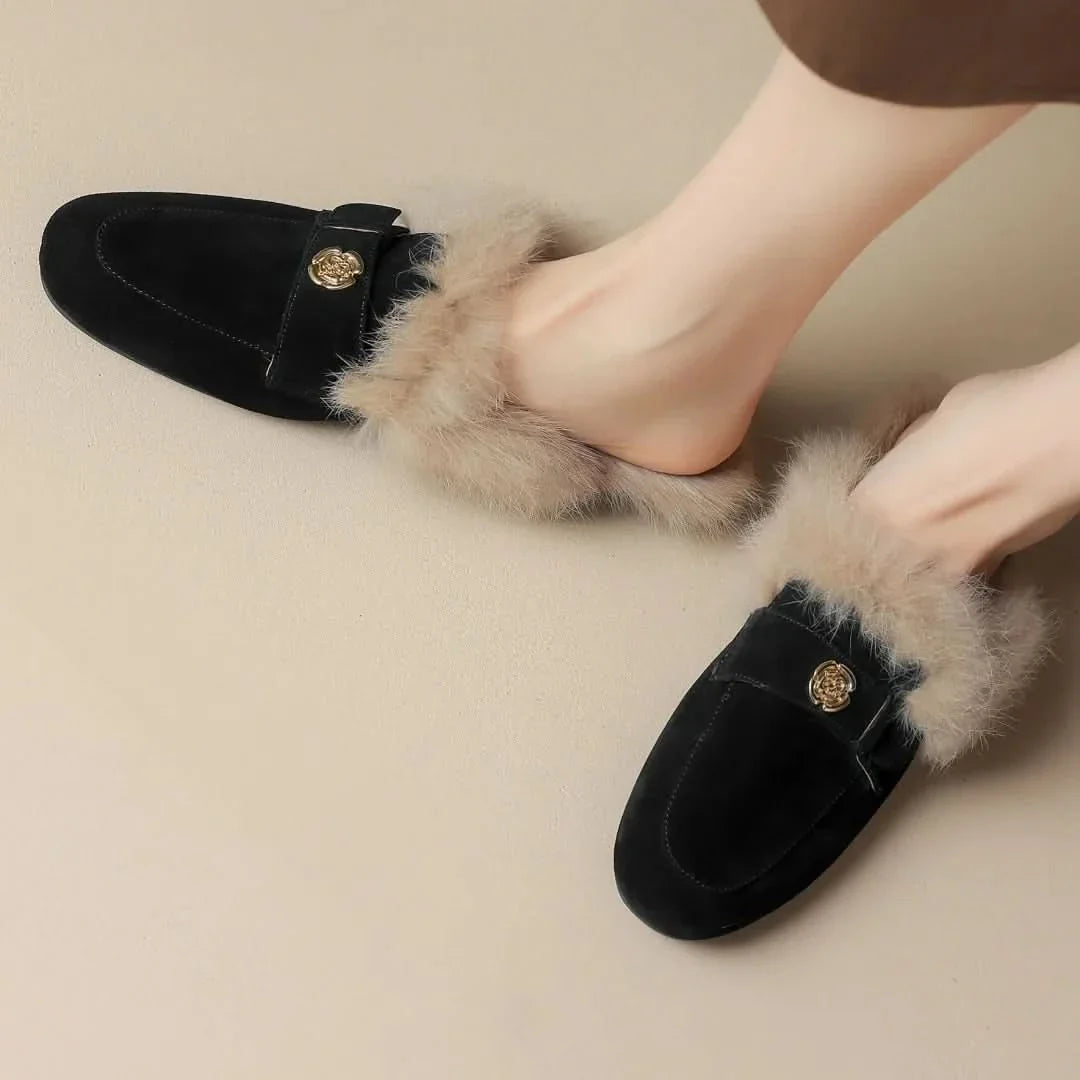 Veloura Suede-Look Warm-Lined Mules - Black