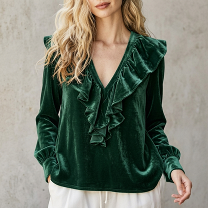 Veloura V-Neck Ruffle Blouse - Green