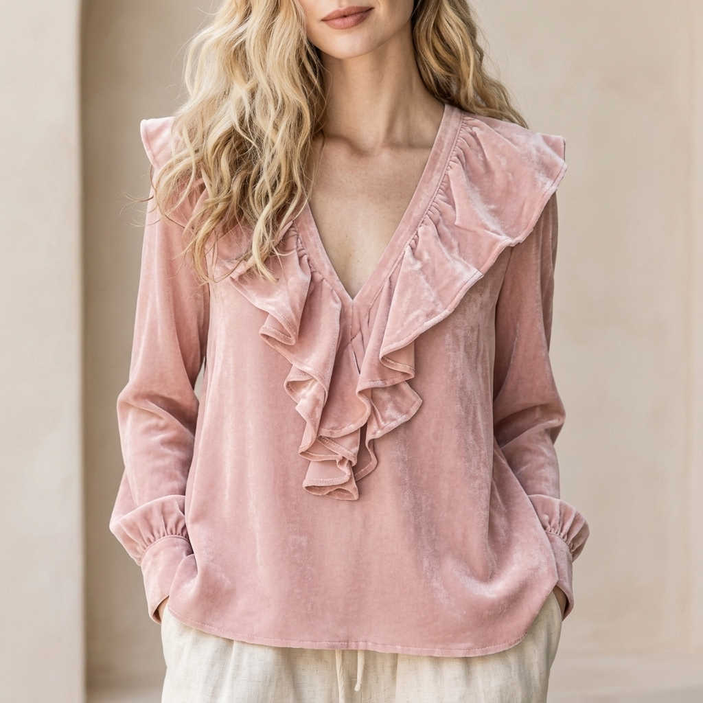 Veloura V-Neck Ruffle Blouse - Pink