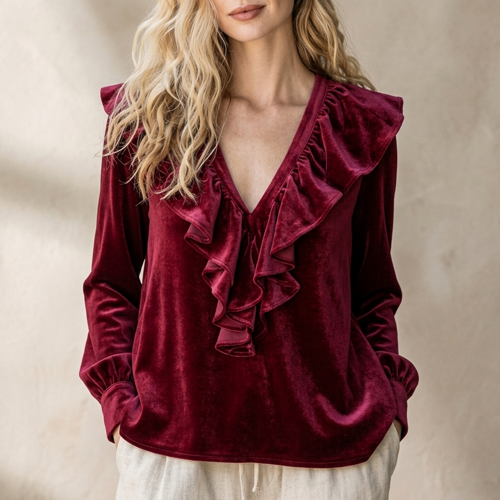 Veloura V-Neck Ruffle Blouse - Wine Red