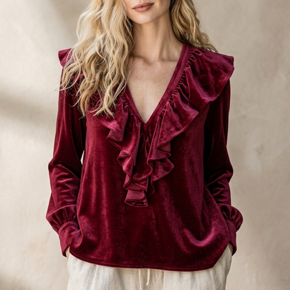 Veloura V-Neck Ruffle Blouse - Wine Red