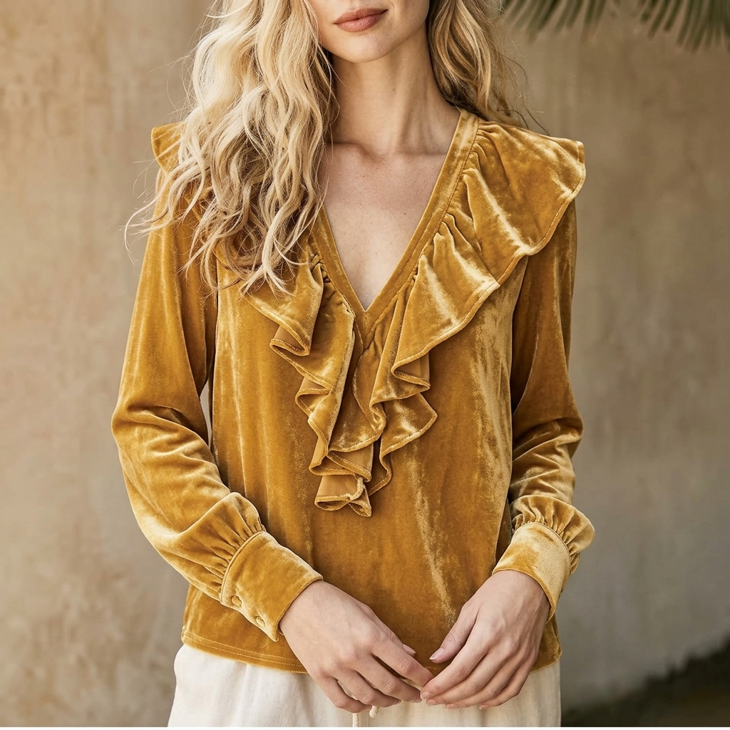 Veloura V-Neck Ruffle Blouse - Yellow