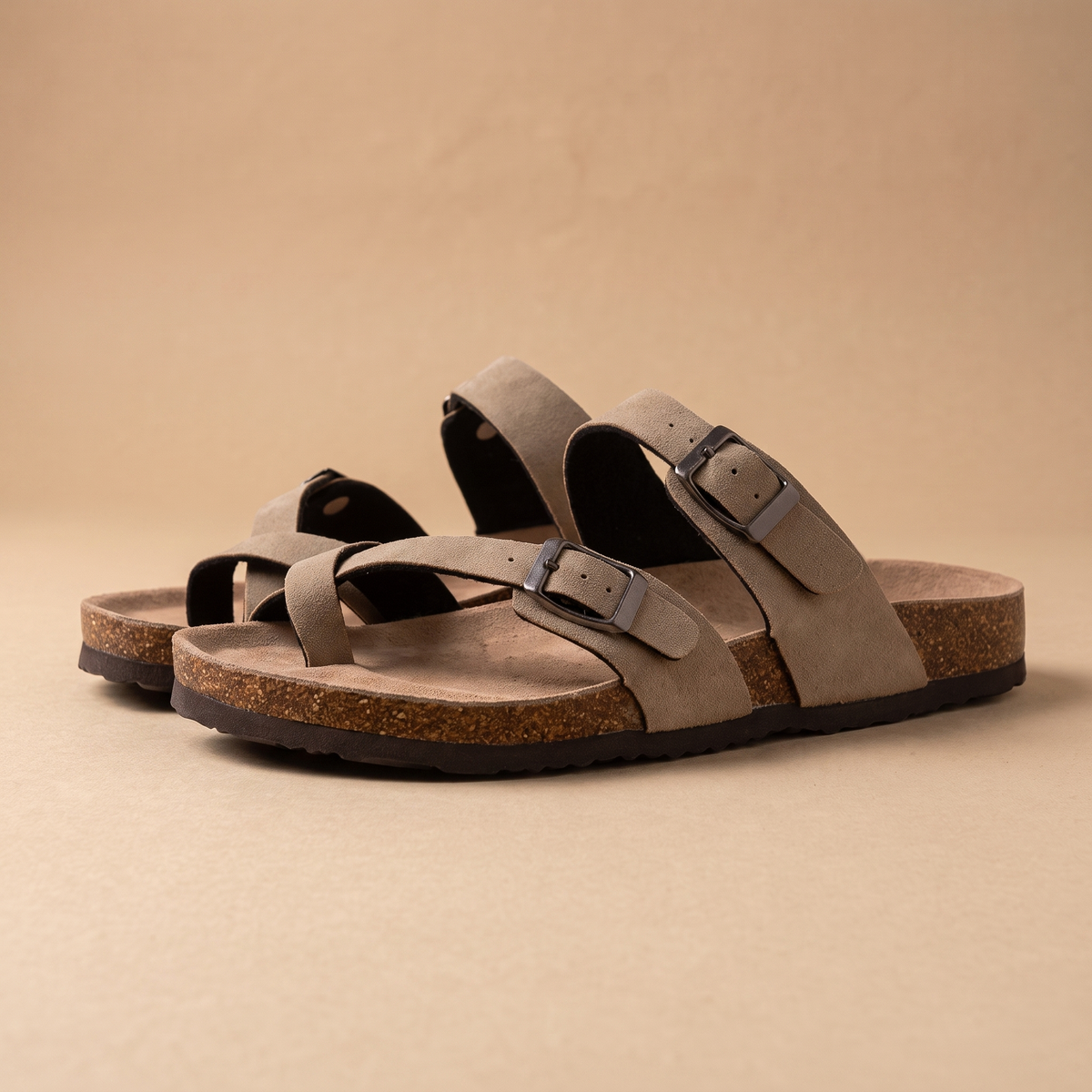 Wetherby Cork Footbed Mules - Suede-Look Apricot