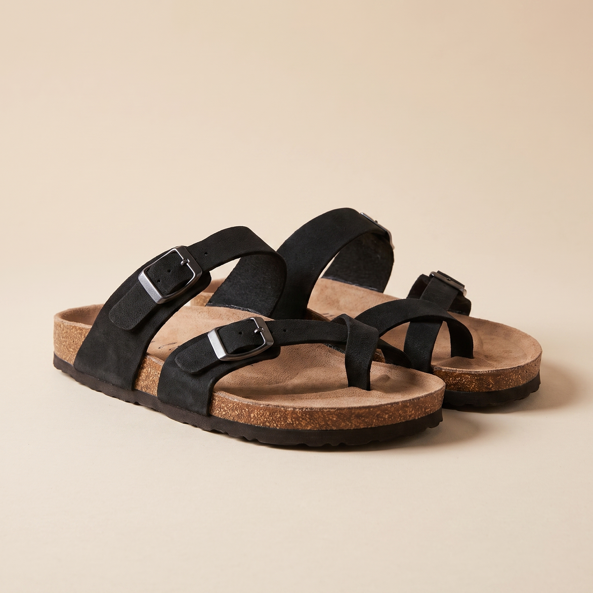 Wetherby Cork Footbed Mules - Suede-Look Black