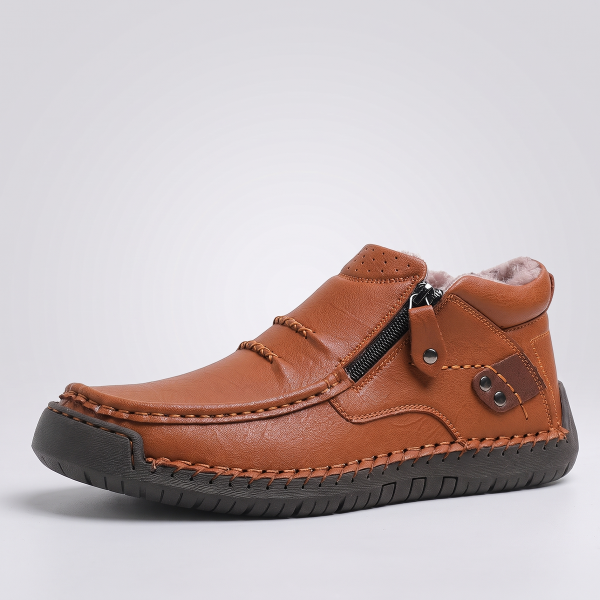 Wide Fit Leather-Look Walking Boots - Light Brown (Fleece Lined)